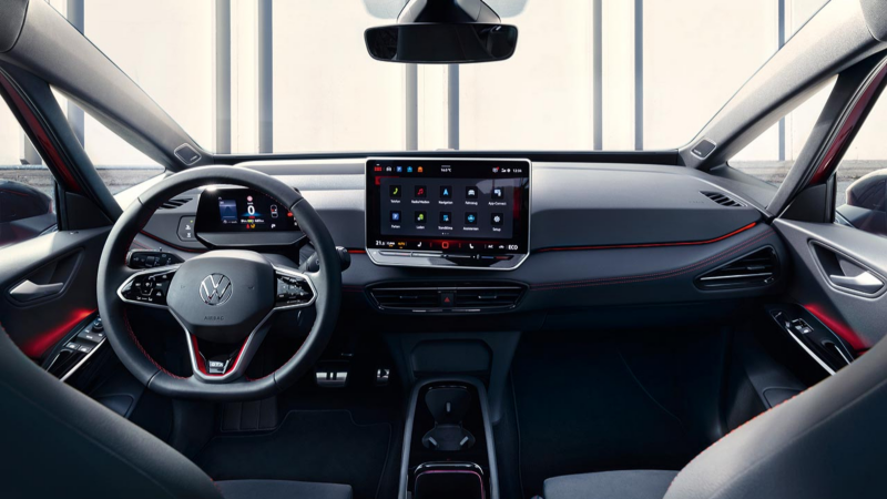 Vista del volante multifunción y el salpicadero de unVolkswagen ID.3